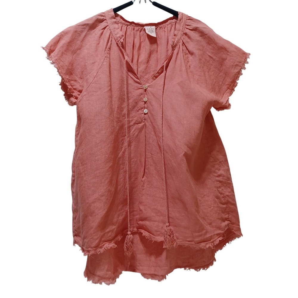 Wiya 100% Linen Tunic Top OS Pink Made in Italy Raw Hem Boho‎ Vacation Resort